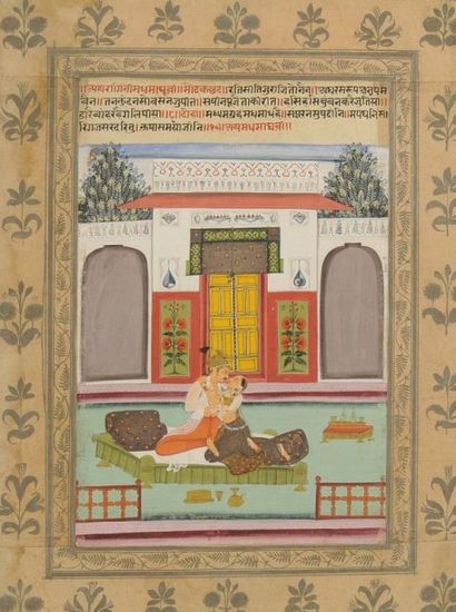  Madhumadhavi Ragini. Un couple s'enlace sur un lit sur la terrasse d'un pavillon,...