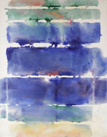 Paul KALLOS [hongrois] (1928-2001) 
Strates bleues ciel vert, 1984
Acrylique sur...