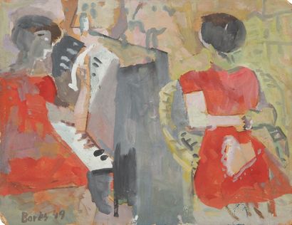 Francisco BORES [espagnol] (1898-1972) 
Pianiste et couturière, 1949
Huile sur carton.
Signée...