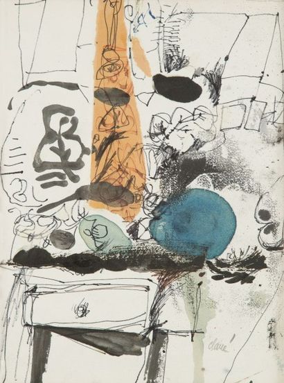 Antoni CLAVÉ [espagnol] (1913-2005) 
Table aux fruits, 1966
Dessin à l'encre et aquarelle.
Signée...