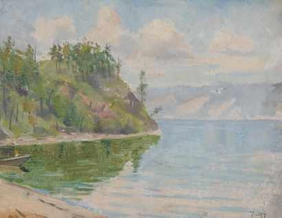 Vladimir Petrovitch TOMILOVSKY (1901-1990) Bateau sur la rive du lac Baïkal, 1952...