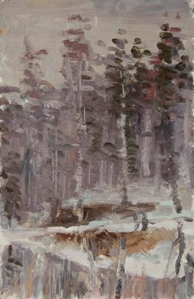 Vladimir Petrovitch TOMILOVSKY (1901-1990) Lac dans les bois Huile sur carton. 32...