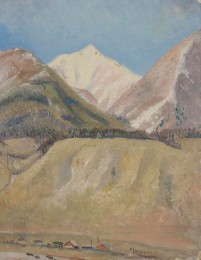 Vladimir Petrovitch TOMILOVSKY (1901-1990) Village dans les montagnes Huile sur carton....