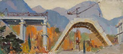 Vladimir Petrovitch TOMILOVSKY (1901-1990) Pont en construction Huile sur carton...