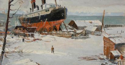 Vladimir Petrovitch TOMILOVSKY (1901-1990) Docks sur le Baîkal Huile sur carton....