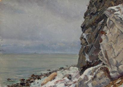 Vladimir Petrovitch TOMILOVSKY (1901-1990) Côte rocheuse du lac Baïkal, 1953 Huile...