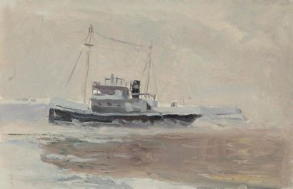 Vladimir Petrovitch TOMILOVSKY (1901-1990) Navire sur le Baïkal en hiver, 1954 Huile...