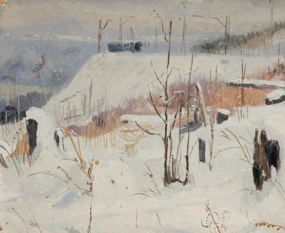 Vladimir Petrovitch TOMILOVSKY (1901-1990) Train en hiver, 1956 Huile sur carton....