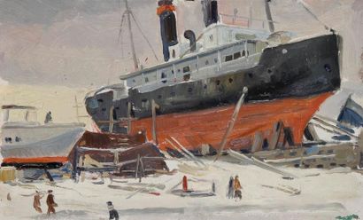 Vladimir Petrovitch TOMILOVSKY (1901-1990) Navire dans les docks, 1956 Huile sur...