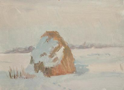 Vladimir Petrovitch TOMILOVSKY (1901-1990) Meule de foin en hiver, 1957 Huile sur...