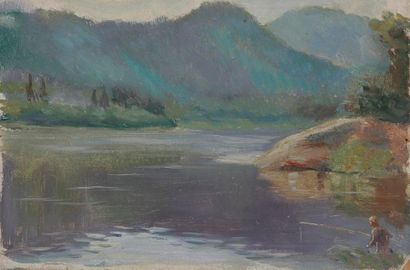 Vladimir Petrovitch TOMILOVSKY (1901-1990) Pêcheur sur la rivière, 1962 Huile sur...