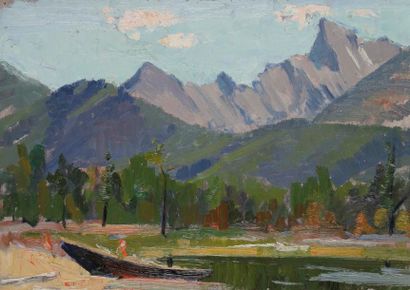 Vladimir Petrovitch TOMILOVSKY (1901-1990) Bateau sur la baie et montagnes, 1965...