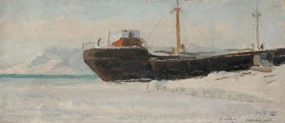 Vladimir Petrovitch TOMILOVSKY (1901-1990) Barge, 1968 Huile sur carton. Annotée...