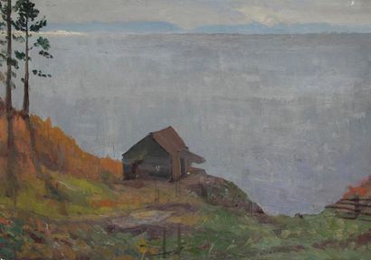 Vladimir Petrovitch TOMILOVSKY (1901-1990) Maison sur une falaise, 1951 Huile sur...