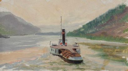 Vladimir Petrovitch TOMILOVSKY (1901-1990) Bateau à vapeur sur la rivière Huile sur...