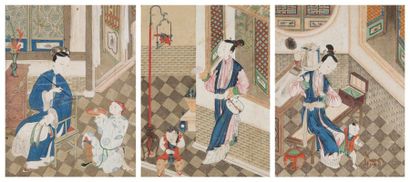 CHINE, Canton - Fin XIXe siècle 
Service en porcelaine décorée en émaux polychromes...