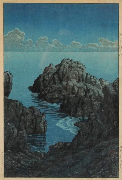 Kawase Hasui (1883-1957) 
Oban tate-e, vue d?un rocher. Signé Hasui et son cachet,...