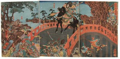 KUNIYOSHI (1797-1861) 
Triptyque oban tate-e, «Chohan bashi no dzu», Chohi défendant...