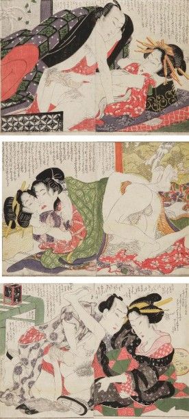 null Ensemble de huit doubles pages shunga en couleurs représentant des couples en...