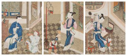 CHINE - Début XIXe siècle 
Trois gouaches sur papier marouflé sur soie, jeunes femmes...
