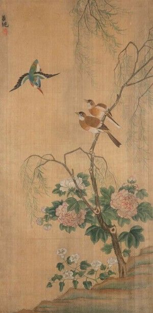 CHINE - Fin XIXe siècle 
Encre polychrome sur soie, martin pêcheur et couple d?oiseaux...