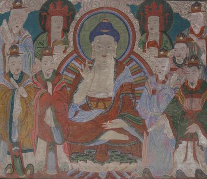 COREE Période CHOSEON (1392 - 1897)
Gouache sur soie, bouddha assis entouré de personnages...
