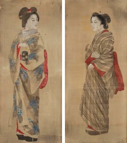 JAPON Époque MEIJI (1868 - 1912)
Encre et polychromie sur soie, deux jeunes femmes...
