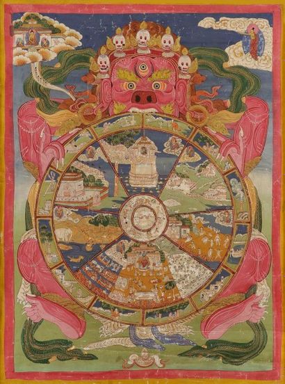 TIBET - XIXE SIÈCLE 
Mandala détrempe sur toile monastère et animaux.
Dim.: 59,5...