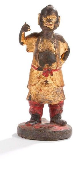 CHINE Époque MING (1368 - 1644)
Statuette de guerrier debout en bronze à traces de...