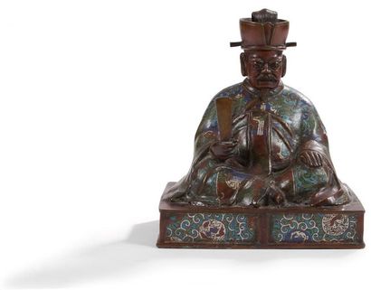 JAPON - Vers 1900 
Statuette d?Emma-O en bronze à patine brune et émaux cloisonnés...