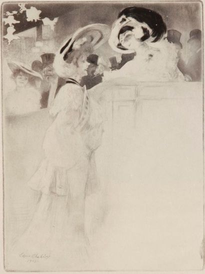 Edgar CHAHINE (1874-1947) 
 Enfants regardant des estampes (carte de voeux); Distribution...
