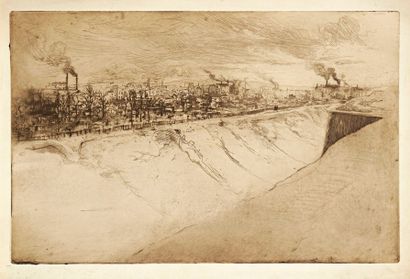 Edgar CHAHINE (1874-1947) 
 Saint-Ouen, vue des fortifications de Paris. 1901. Eau-forte...