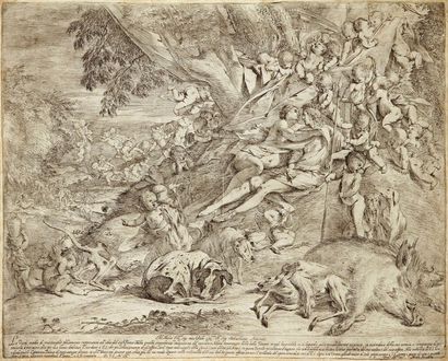 Pietro Testa (1611-1650) 
 Venus embrassant Adonis au retour de la chasse. Vers 1632....