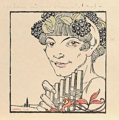 GEORGE BARBIER (1882-1932) 
 Faune à la flûte, couronné de pampres. Projet d'illustration....
