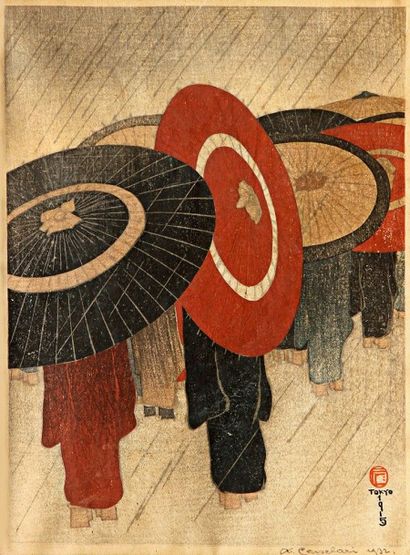 Friedrich Capelari (autrichien, 1854-1960) 
 Les Parapluies japonais. 1915. Bois...