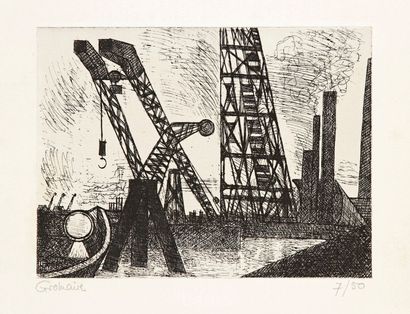 Marcel GROMAIRE (1892-1971) 
 Machines dans un port. 1935. Eau-forte. 238 x 178....