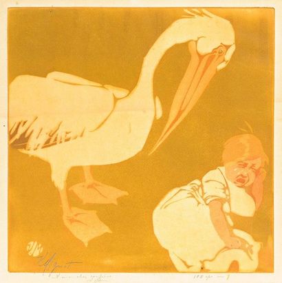 Victor MIGNOT (1872-1944) 
 Le Bouffon; Enfant et pélican. Vers 1910. Aquatinte....
