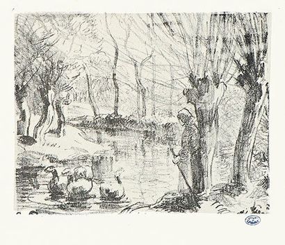 Camille PISSARRO (1830-1903) 
 Gardeuse d'oies. Vers 1898. Lithographie. 168 x 130....