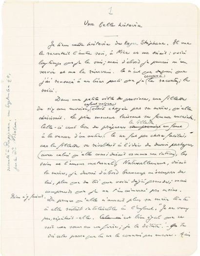 André GIDE (1869-1951) Manuscrit autographe, Une belle histoire; 4 pages et demie...
