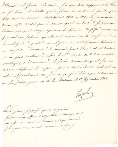 NAPOLÉON Ier. L.S «Napole», à la Madonne (île d'Elbe) 1er septembre 1814, au général...