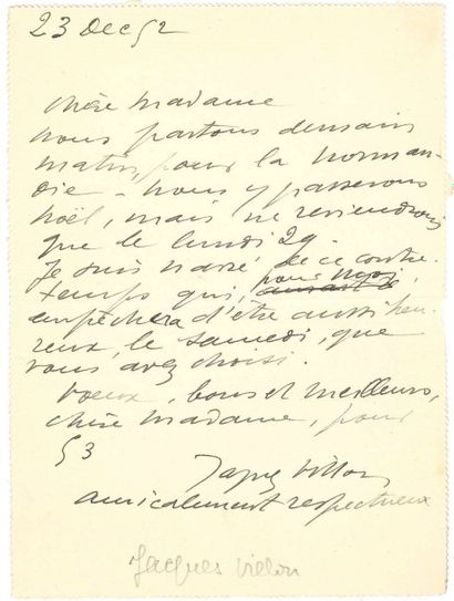 JACQUES VILLON L.A.S., Puteaux 23 décembre 1952, à Virginie Schildge-Bianchini; 1...