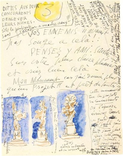 Emile-Antoine BOURDELLE (1861-1929) L.A.S. au verso d'une aquarelle originale, à...