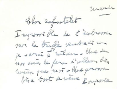 Francis POULENC (1899-1963) L.A.S. «Poupoule», mardi [9 avril 1957], à Jean Bertholon;...