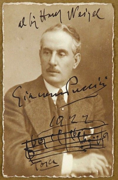 Giacomo PUCCINI (1858-1924) Photographie avec dédicace et musique autographe signée,...