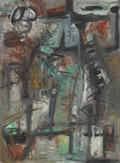 David LAN-BAR [polonais] (1912-1987) 
Composition au personnage, 1955
Huile sur toile.
Signée...