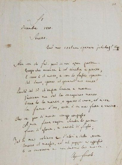 Ugo FOSCOLO (1778-1827) Poème autographe signé, Sonetto, décembre 1800; 1 page in-4;...