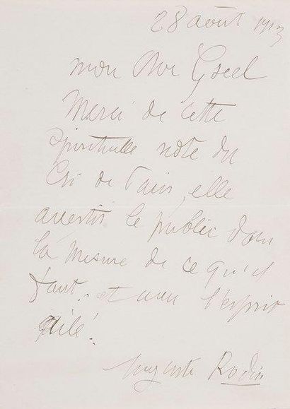 Auguste RODIN L.A.S., Paris 28 août 1913, à Paul Gsell; 1 page in-8, enveloppe.{BR}...