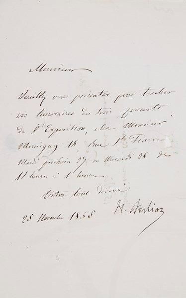 Hector berlioz (1803-1869) L.S., 25 novembre 1855, au violoniste Jean-Marie Becquié...