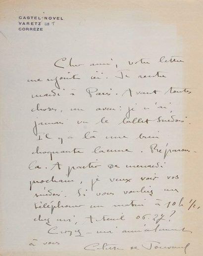colette (1873-1954) L.A.S. «Colette de Jouvenel», Castel-Novel, Varetz (Corrèze)...