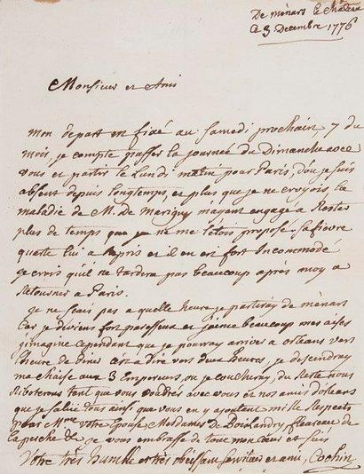 Charles-Nicolas COCHIN (1715-1790) Dessinateur, graveur et écrivain L.A.S., Château...